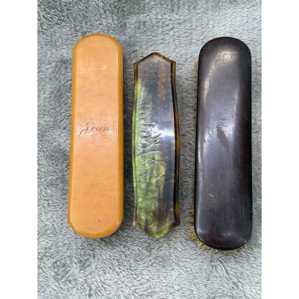 Vintage Celluloid & Bakelite Hair Clothes Brushes Lot Of 3 Art Deco Vanity